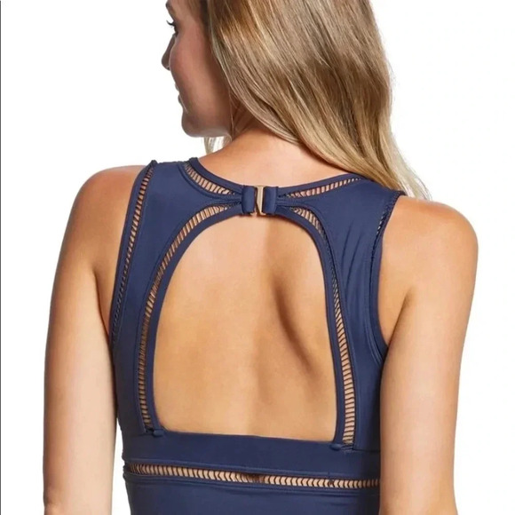 Michael Kors Solid Deep V Crop Bikini Top Large Navy Blue and Bottom Size Large - Picture 5 of 10